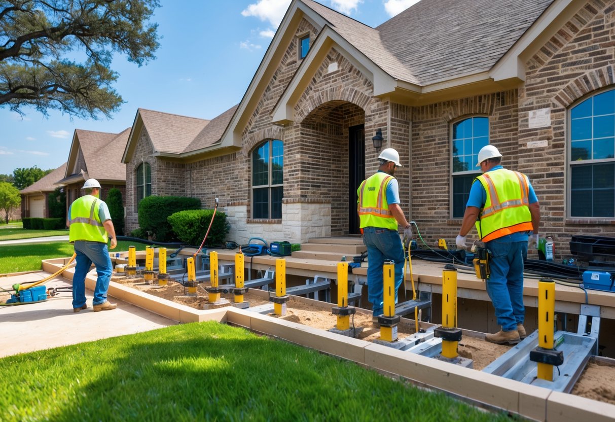 Construction workers repairing the foundation of a suburban house with equipment under clear blue skies.