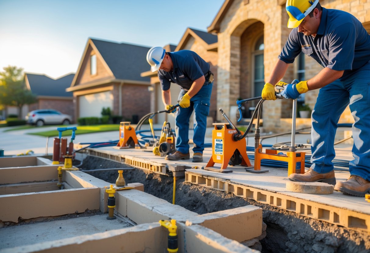Construction workers repairing the foundation of a house in a suburban neighborhood with tools and equipment under clear skies.