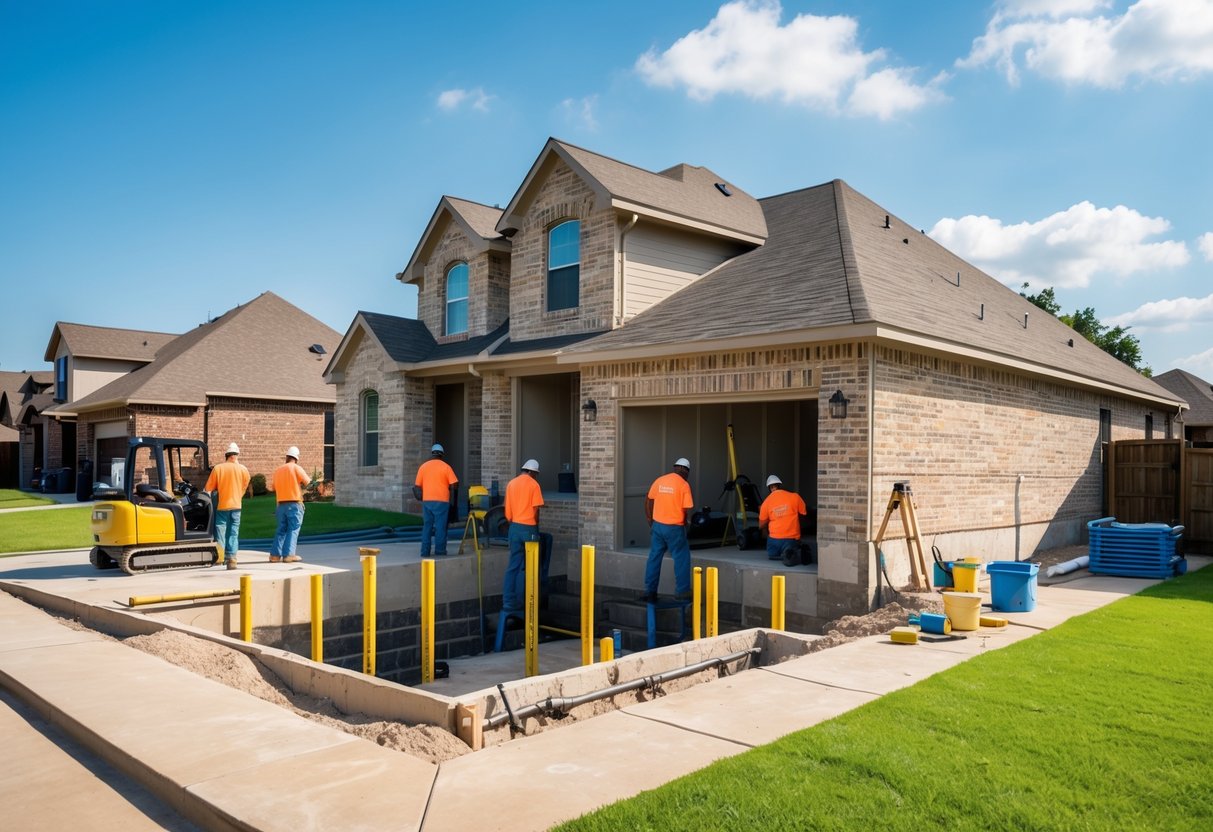 Construction workers repairing a house foundation with machinery and tools in a sunny suburban neighborhood.