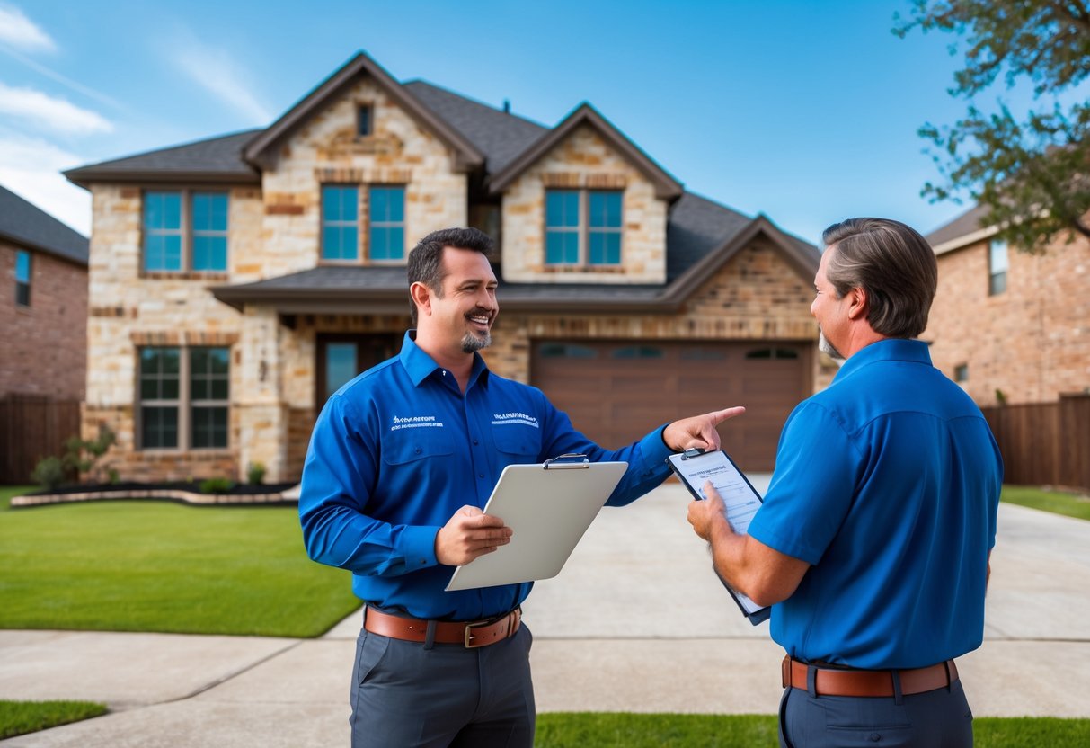 A contractor and homeowner discussing foundation repair outside a suburban house in Round Rock, Texas.