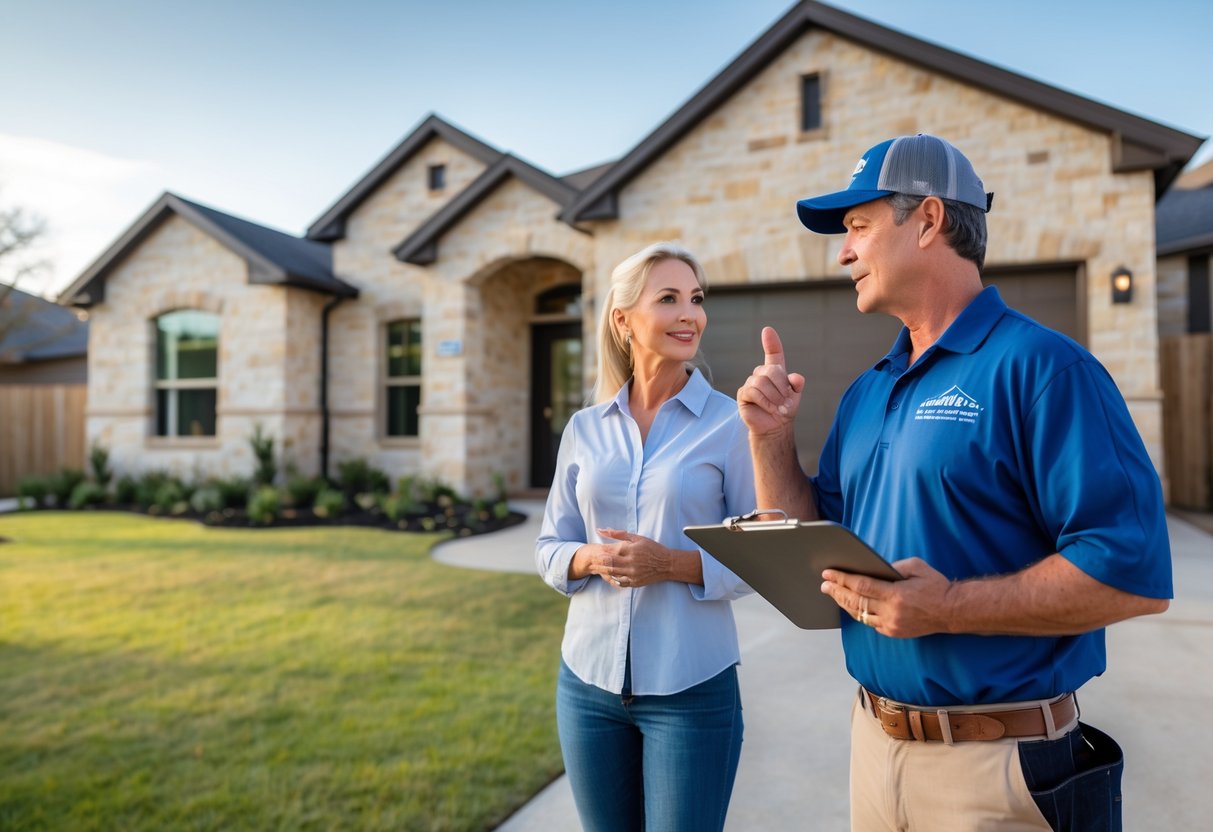 A contractor talking to a couple outside a suburban home, pointing at the foundation area.