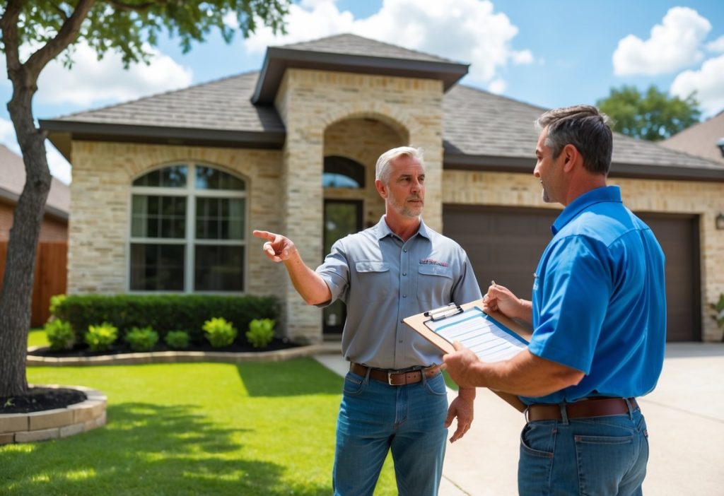 A contractor and homeowner discussing foundation repair outside a suburban house with visible foundation cracks.