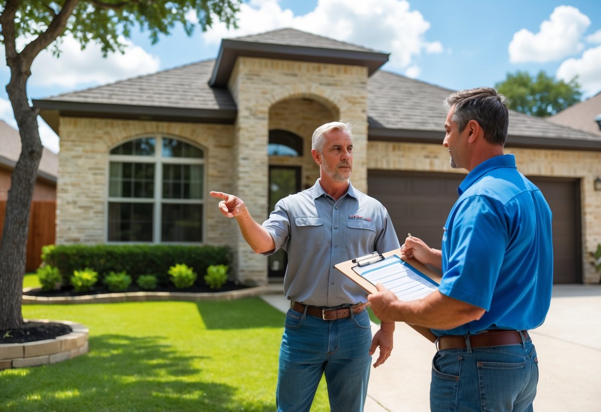A contractor and homeowner discussing foundation repair outside a suburban house with visible foundation cracks.