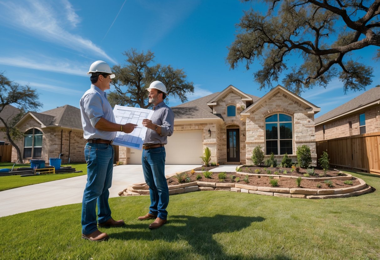A contractor and homeowner discussing foundation plans outside a suburban house with construction tools nearby.