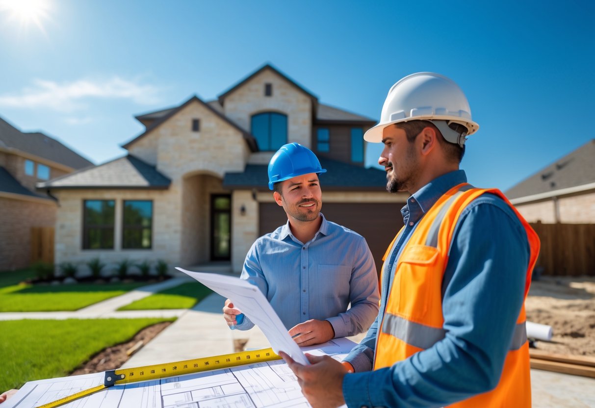 A foundation contractor and homeowner reviewing plans at a residential construction site with a house in the background.