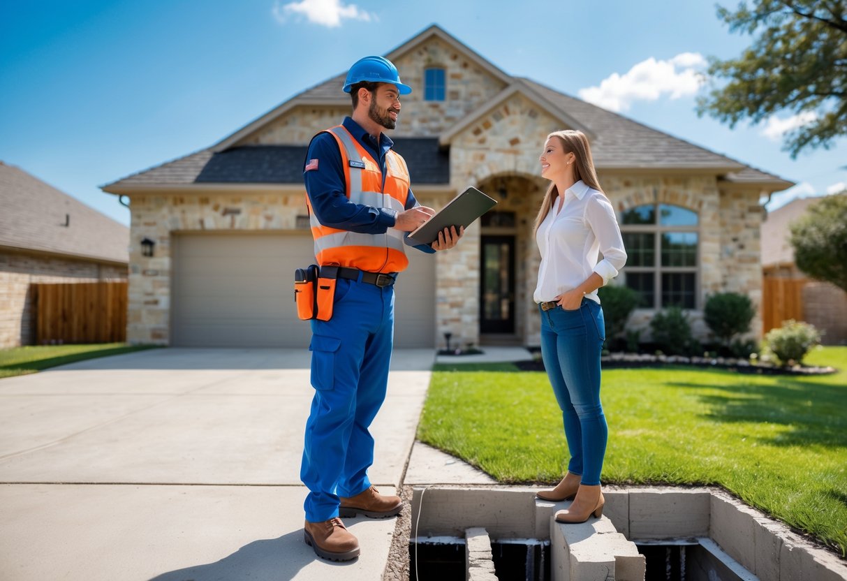 A foundation repair contractor discusses repair plans with a homeowner outside a suburban house.