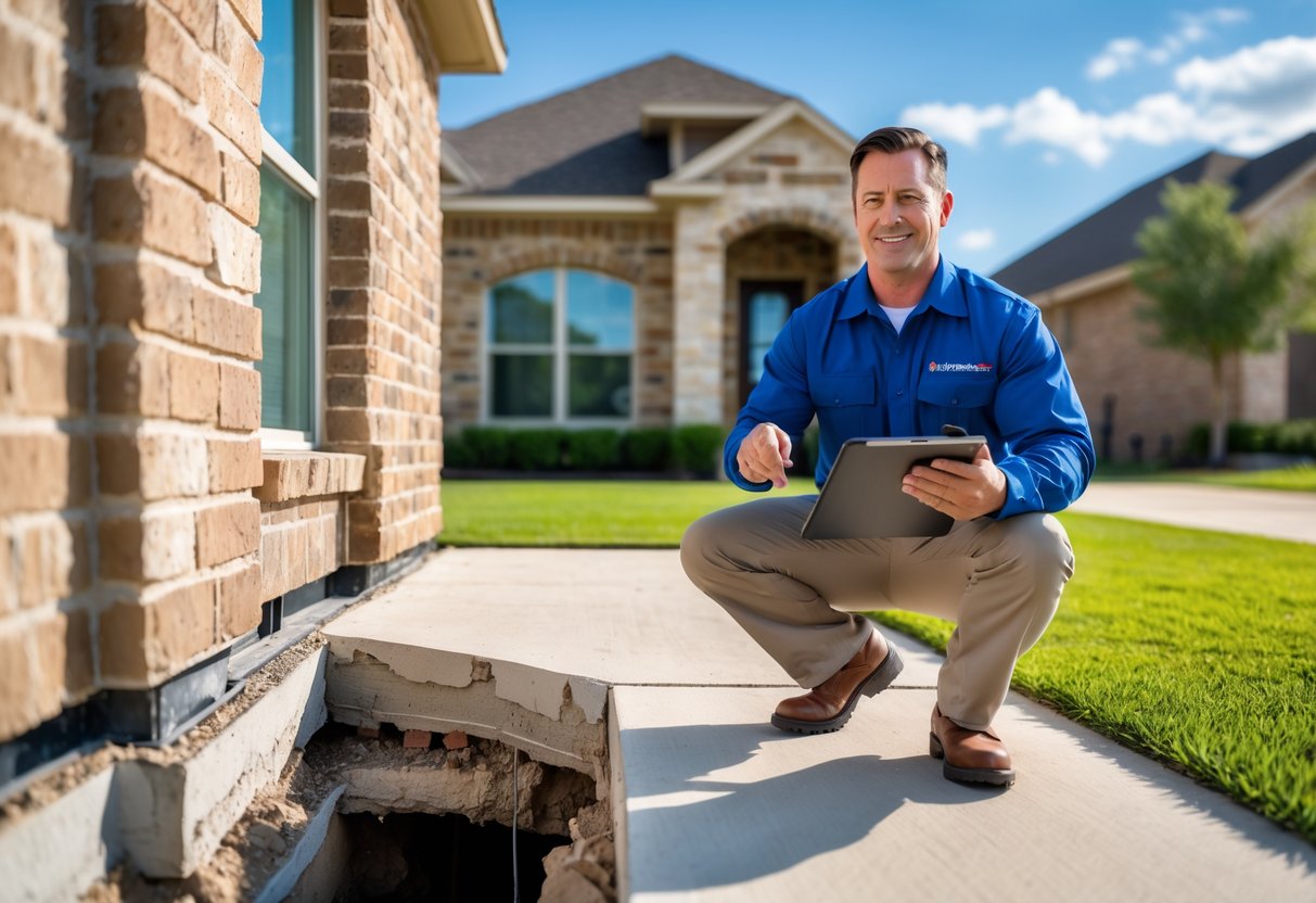 A home inspector examining the foundation of a house in a suburban neighborhood on a sunny day.