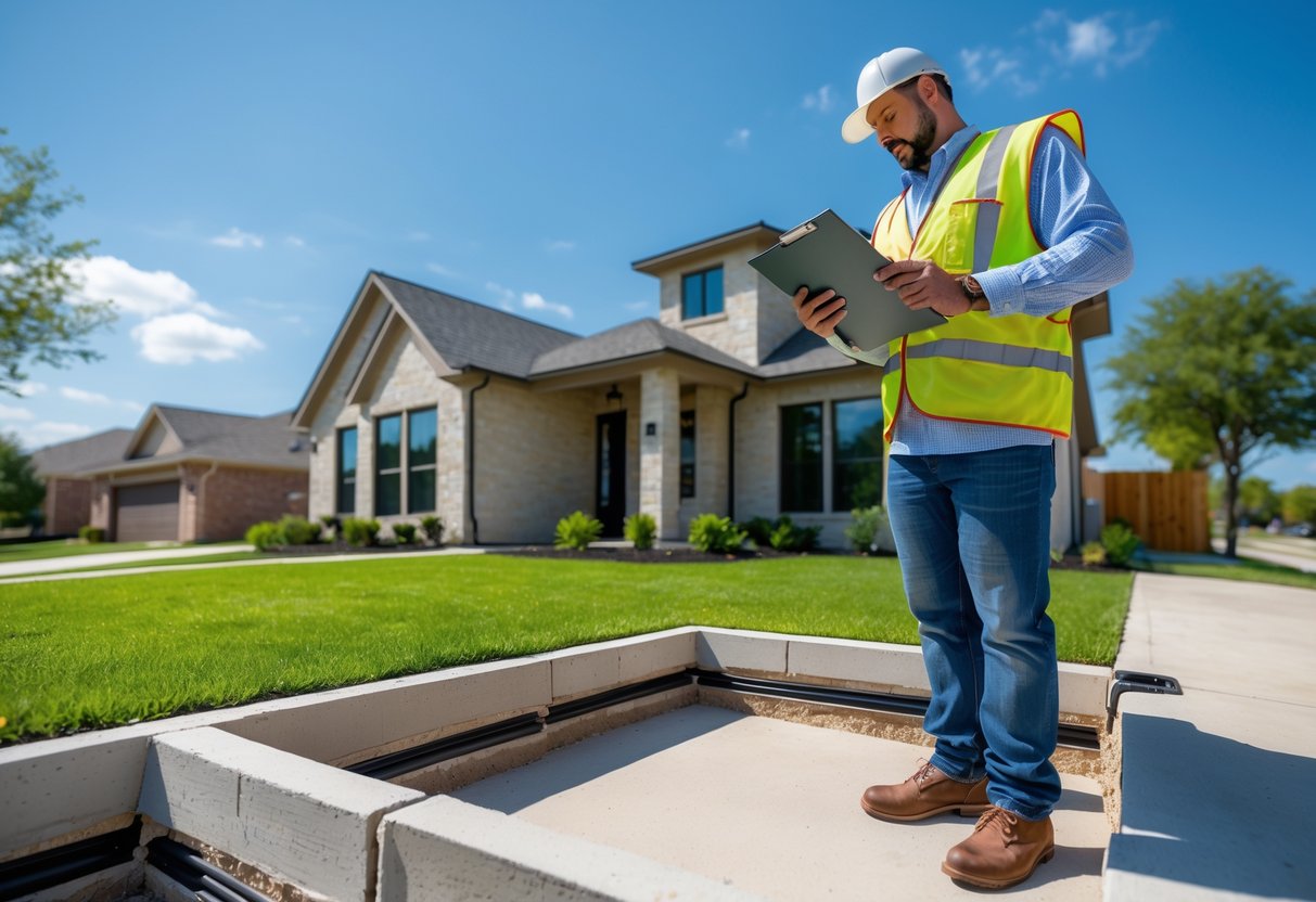 Home inspector examining the foundation of a house outdoors in a sunny suburban neighborhood.