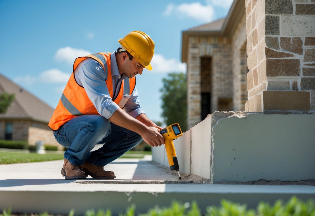 An inspector wearing a hard hat and safety vest examining the foundation of a house in a suburban neighborhood.