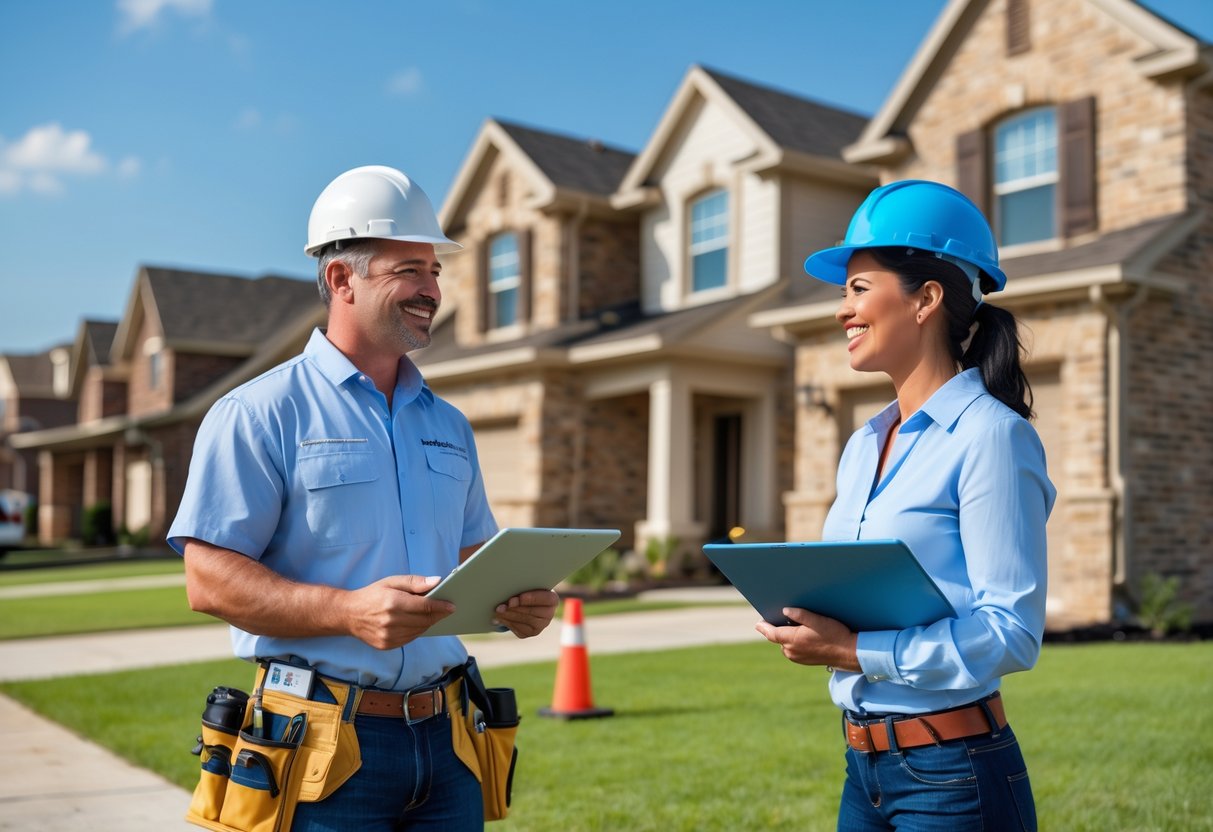 A contractor talks with a homeowner outside a house in a suburban neighborhood, with construction tools and house plans visible.