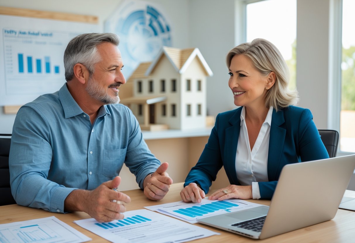 A couple talking with a financial advisor about home repair financing at a desk with paperwork and a laptop.