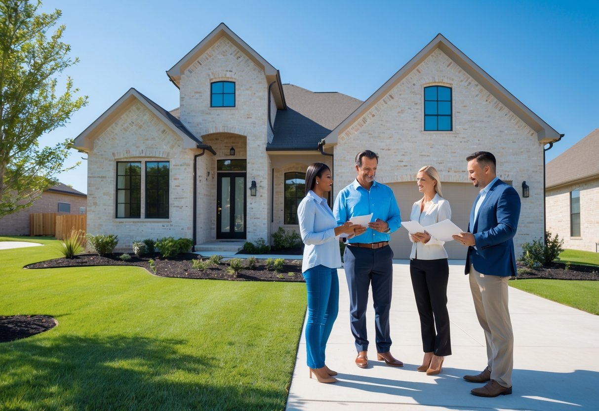 Three adults discussing documents in front of a modern suburban home with a visible foundation.