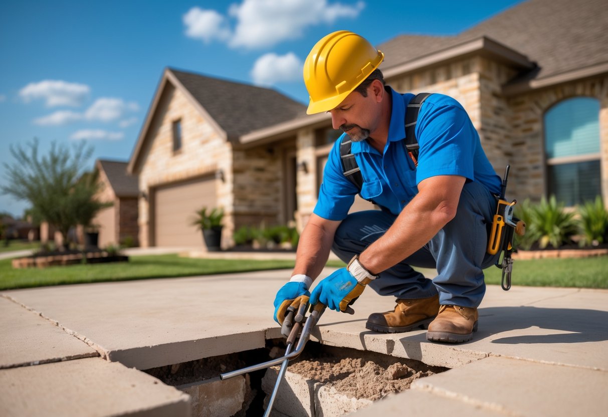 A technician inspecting the foundation of a suburban home with tools in a residential neighborhood.