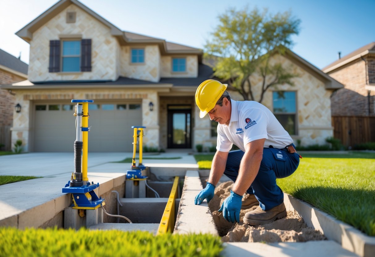 A technician repairing the foundation of a suburban house with equipment on a sunny day.