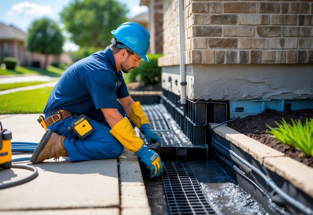 A technician inspecting and repairing the foundation of a suburban house with drainage solutions on a sunny day.