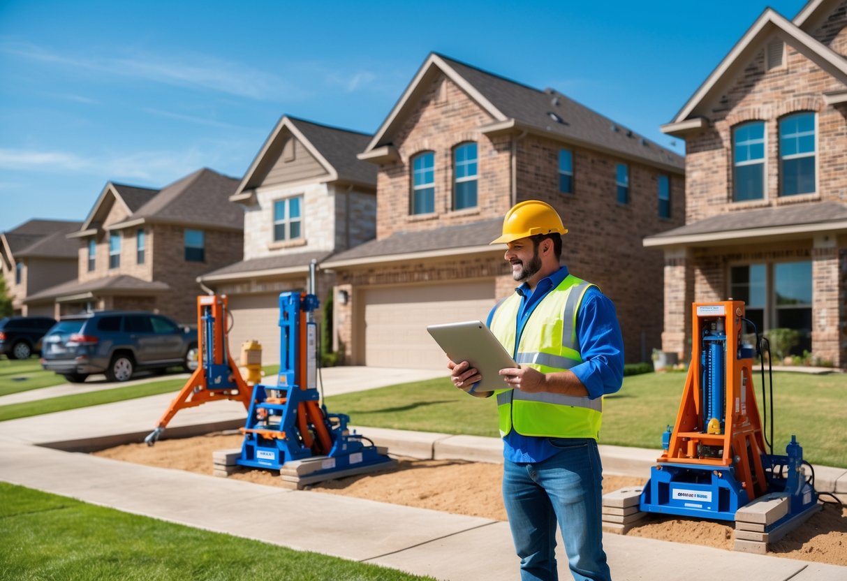 A contractor talks with a homeowner next to a house with foundation repair equipment in a residential neighborhood.