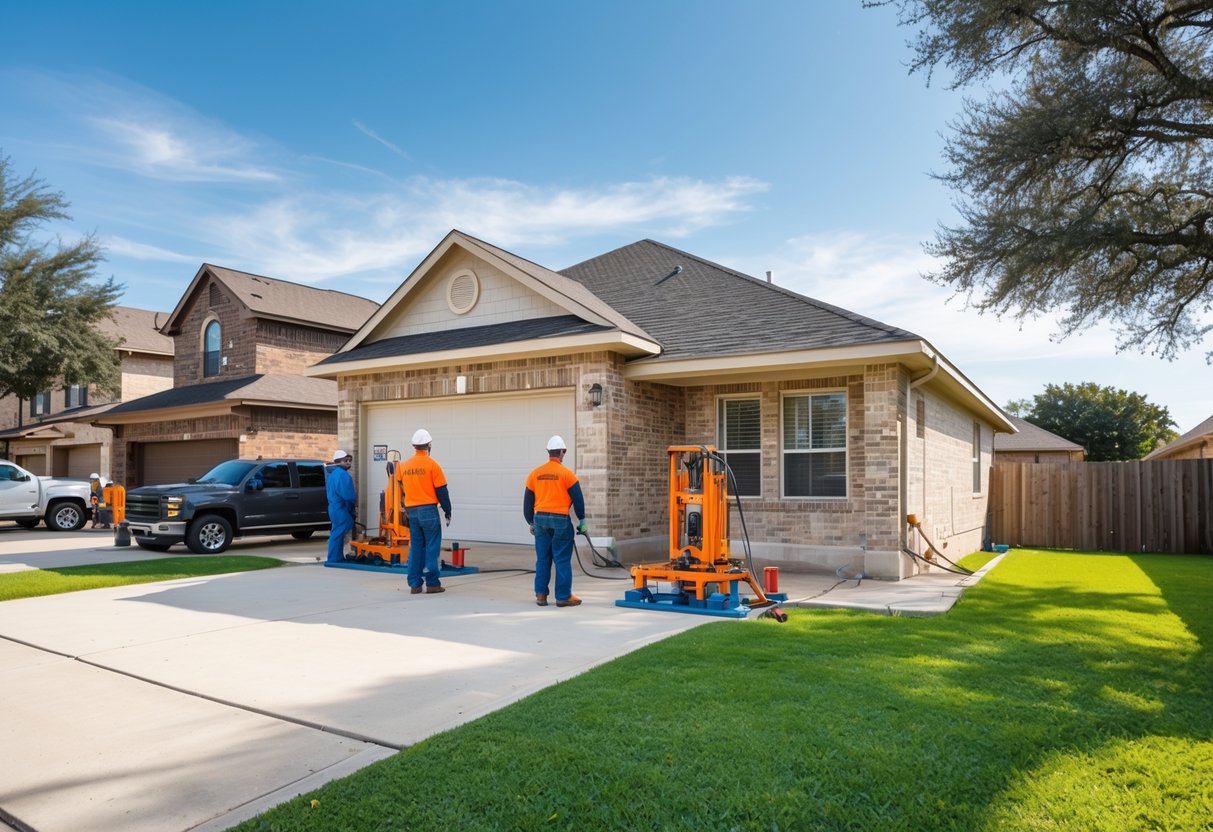 Workers using equipment to level the foundation of a suburban house in a residential neighborhood.