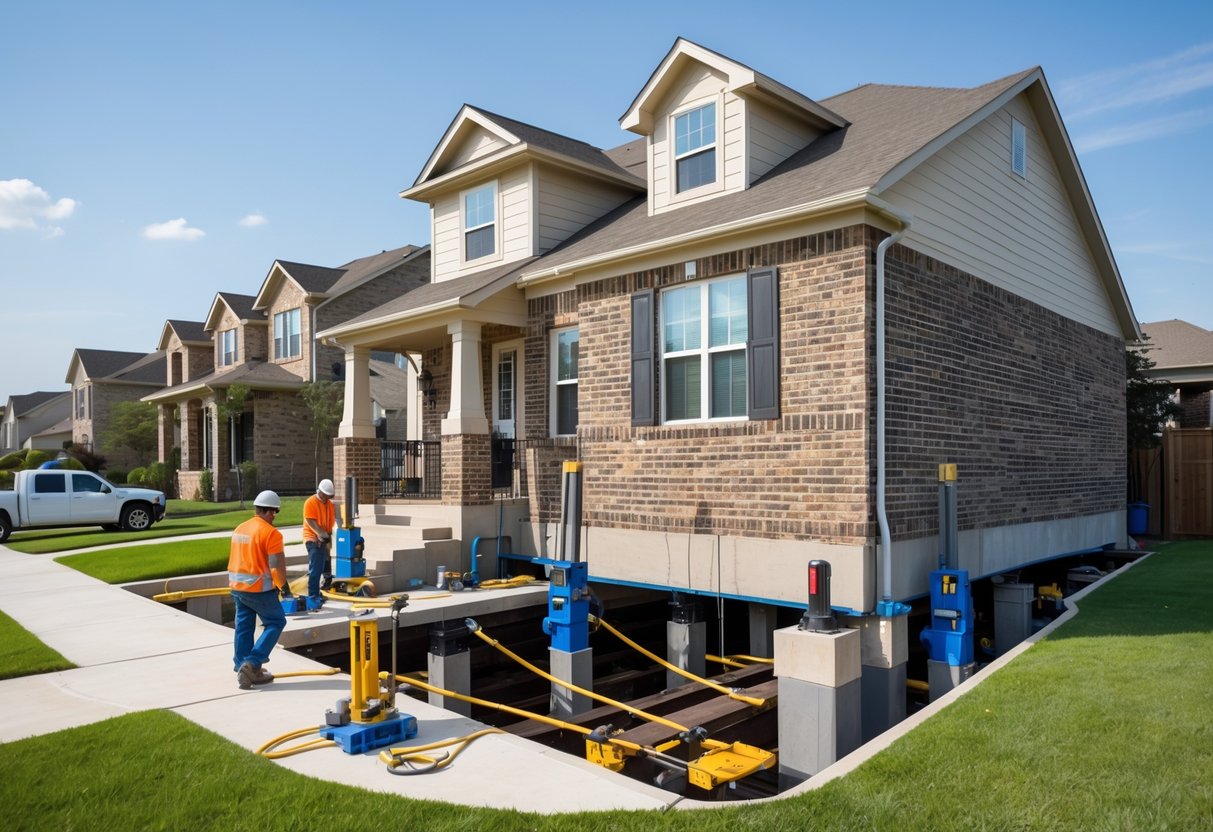 A suburban house in Round Rock being lifted and supported by hydraulic jacks and steel beams with workers inspecting the foundation.