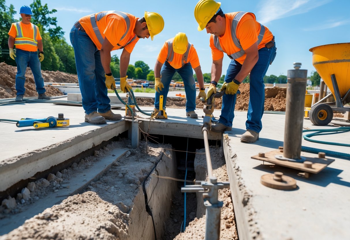 Workers repairing a cracked concrete slab foundation at a construction site using specialized equipment.