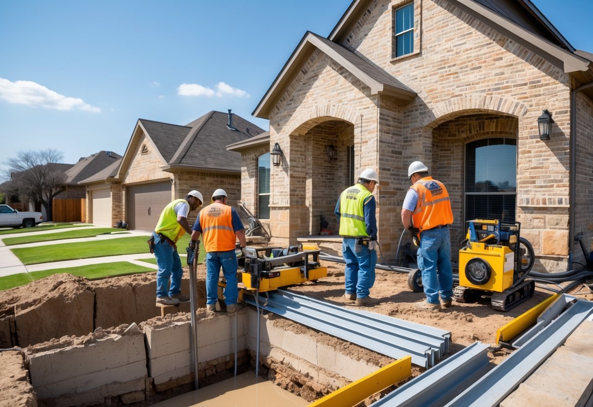 Construction workers repairing the foundation of a house in a suburban neighborhood with equipment and safety gear.