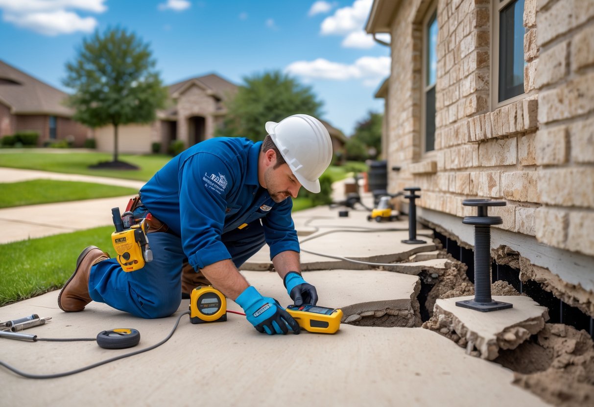 A technician inspecting cracks on a house foundation with repair equipment nearby in a residential neighborhood.