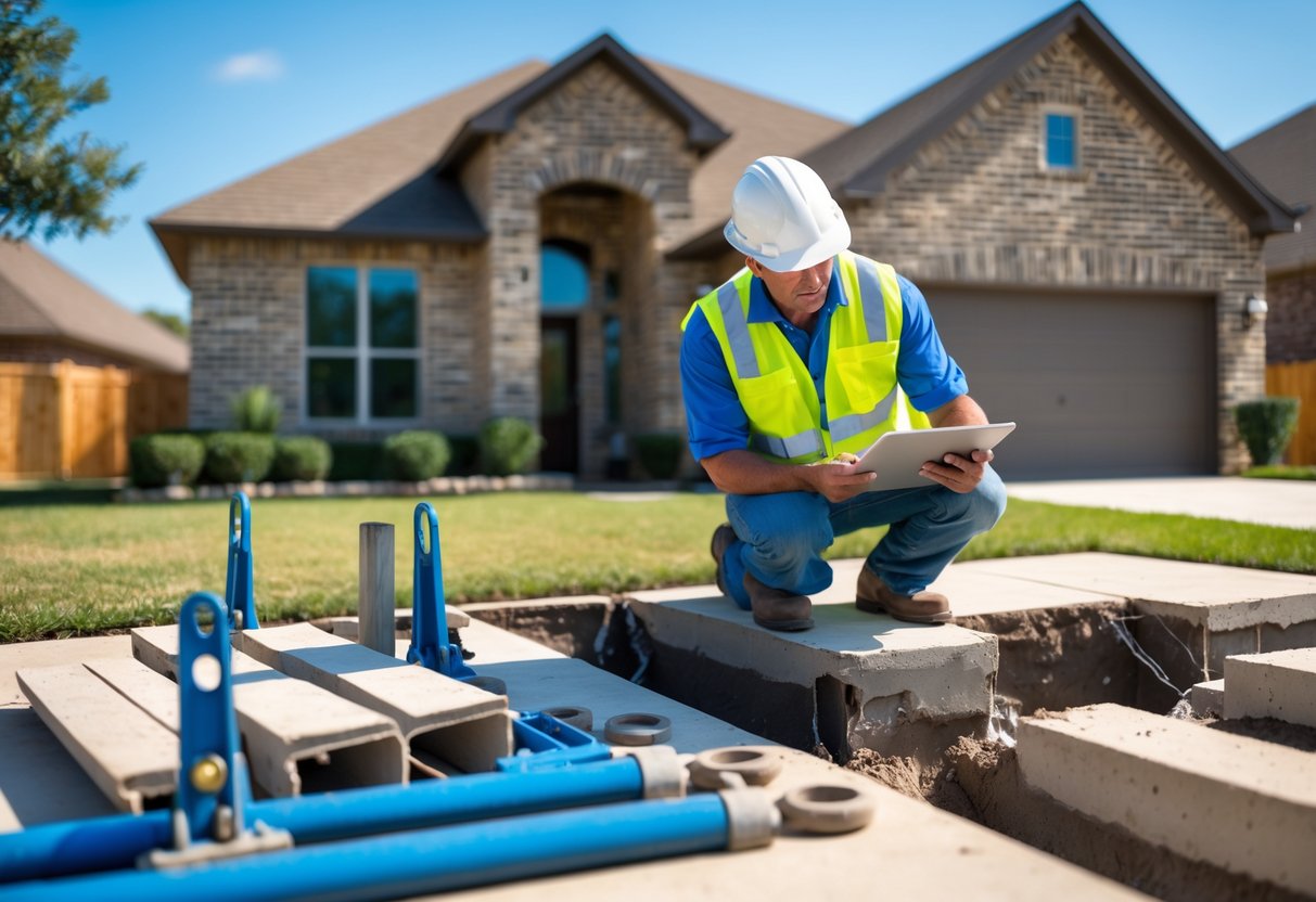 A contractor inspecting a cracked house foundation with repair equipment nearby in a suburban neighborhood.