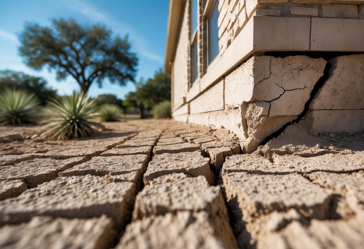Close-up of a house foundation with visible cracks surrounded by dry, cracked soil and Texas native plants under a clear sky.