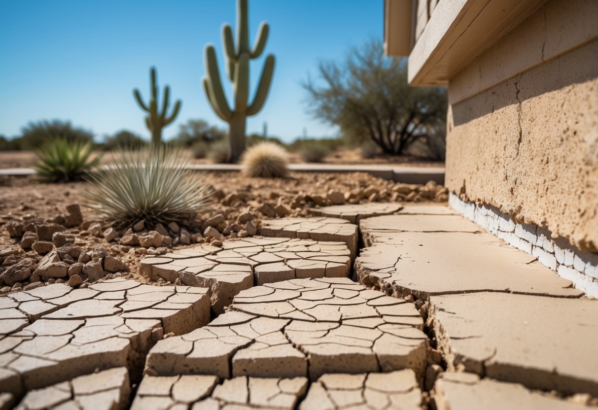 Close-up of a house foundation with cracks surrounded by dry, cracked soil and Texas native plants under a clear sky.