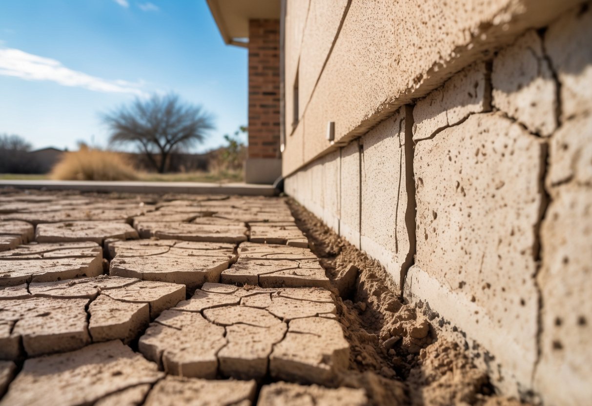 Close-up of a house foundation with visible cracks surrounded by dry, cracked soil and sparse vegetation under a clear blue sky.
