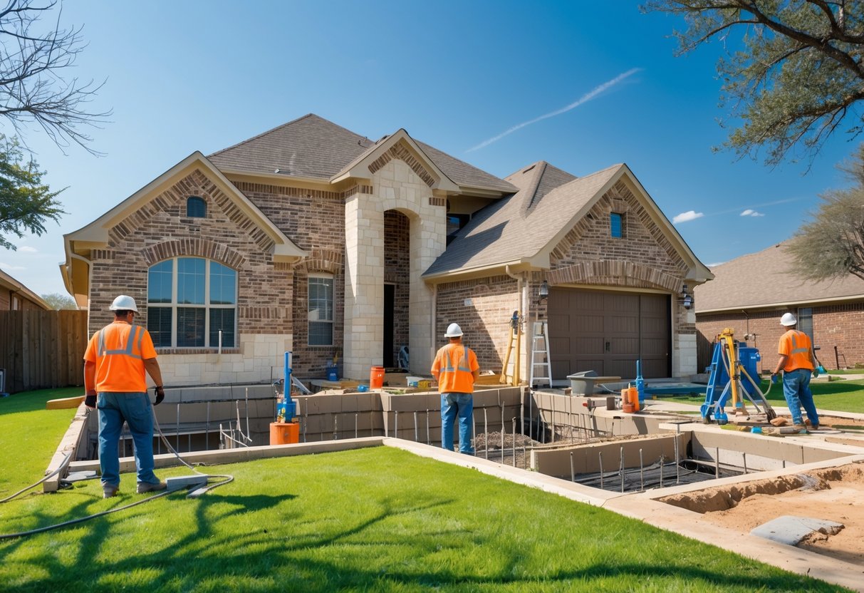 Construction workers repairing the foundation of a suburban house with equipment around the base.