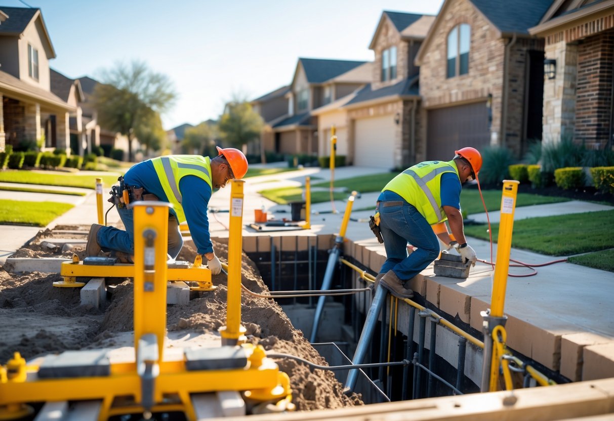 Construction workers repairing a house foundation in a suburban neighborhood with typical Texas homes and landscaping.