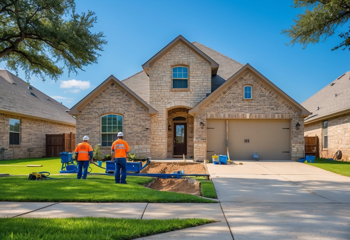 Workers repairing the foundation of a single-family home in a suburban neighborhood with clear skies and green lawns.