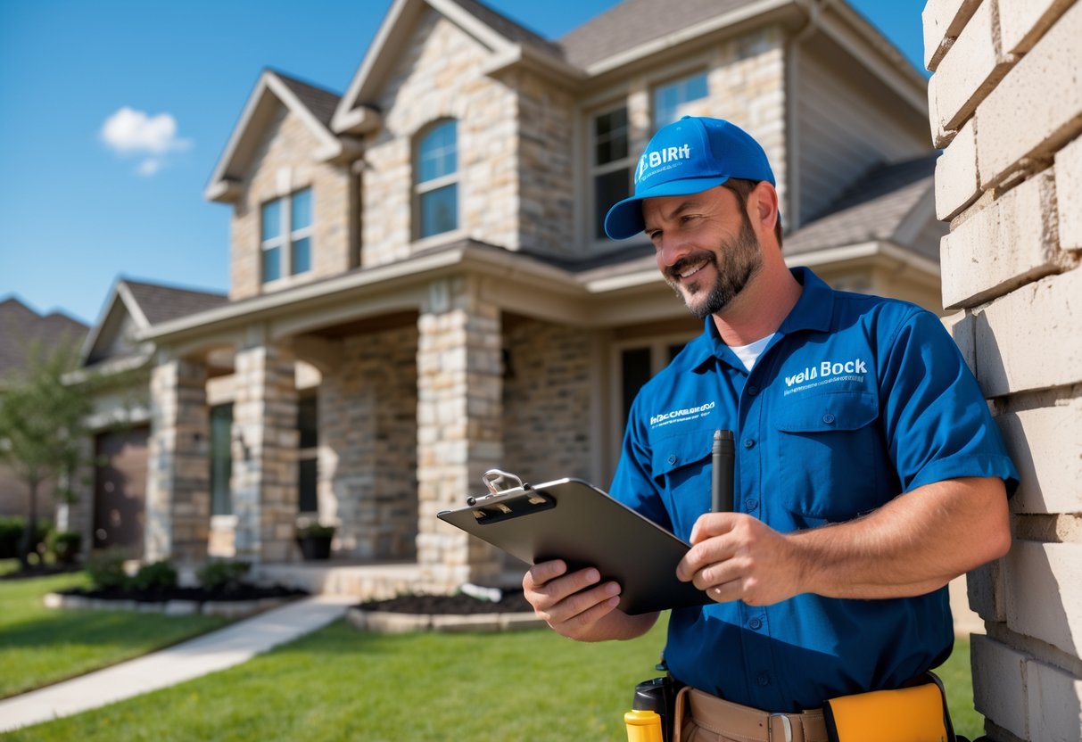 A home inspector examining the foundation of a suburban house outdoors during the day.