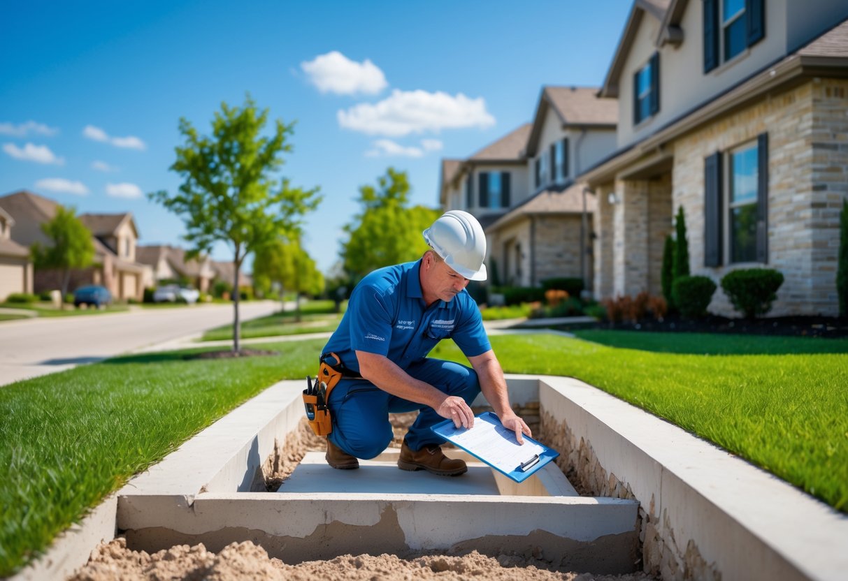 Home inspector examining the foundation of a suburban house outdoors on a sunny day.