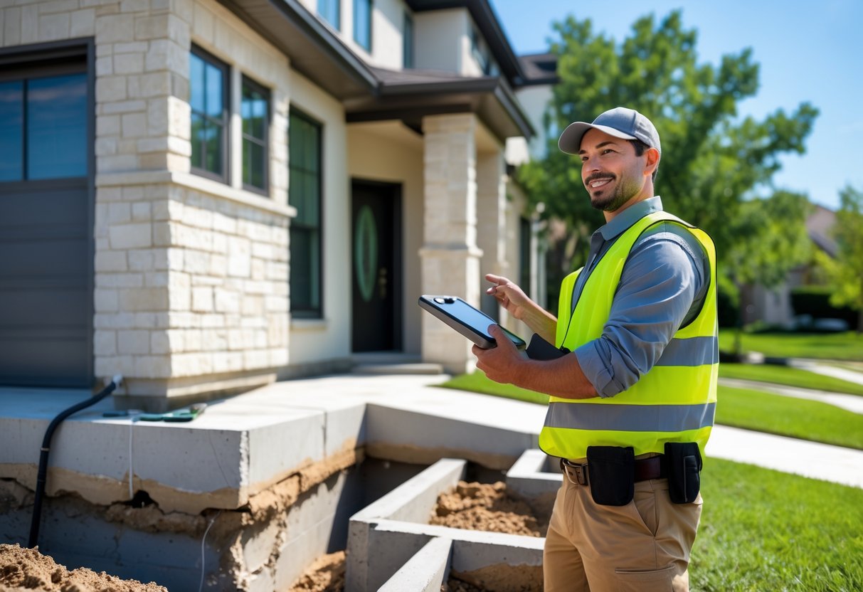 A home inspector examining the foundation of a suburban house outdoors on a sunny day.