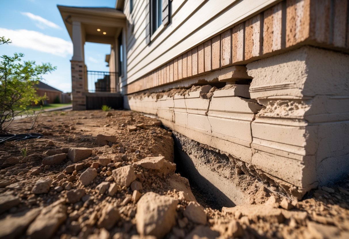 Close-up of a suburban house foundation with visible cracks and uneven settling surrounded by dry soil and plants in a sunny outdoor setting.
