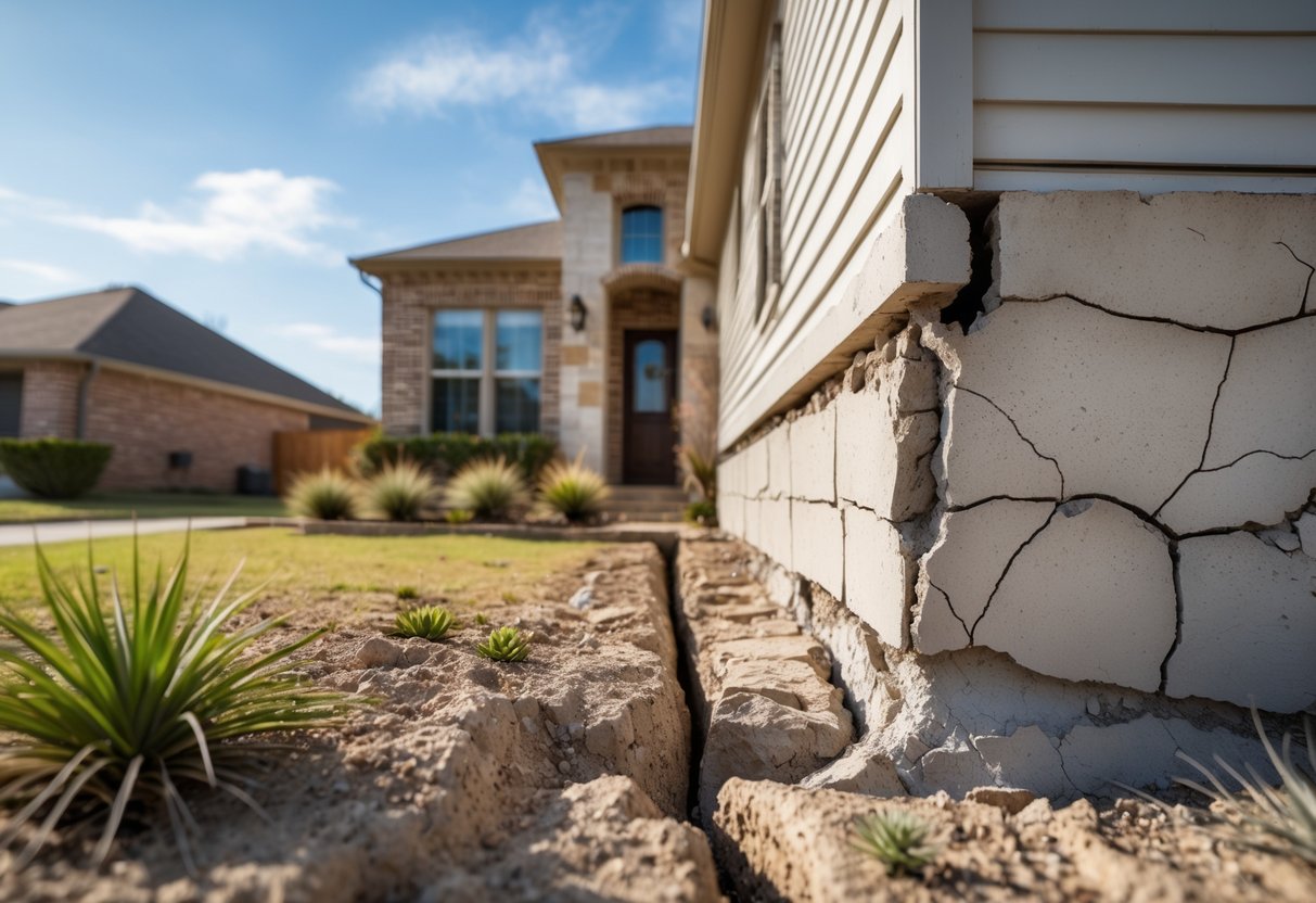 A homeowner examines visible cracks in the foundation of a suburban house in Round Rock, Texas.