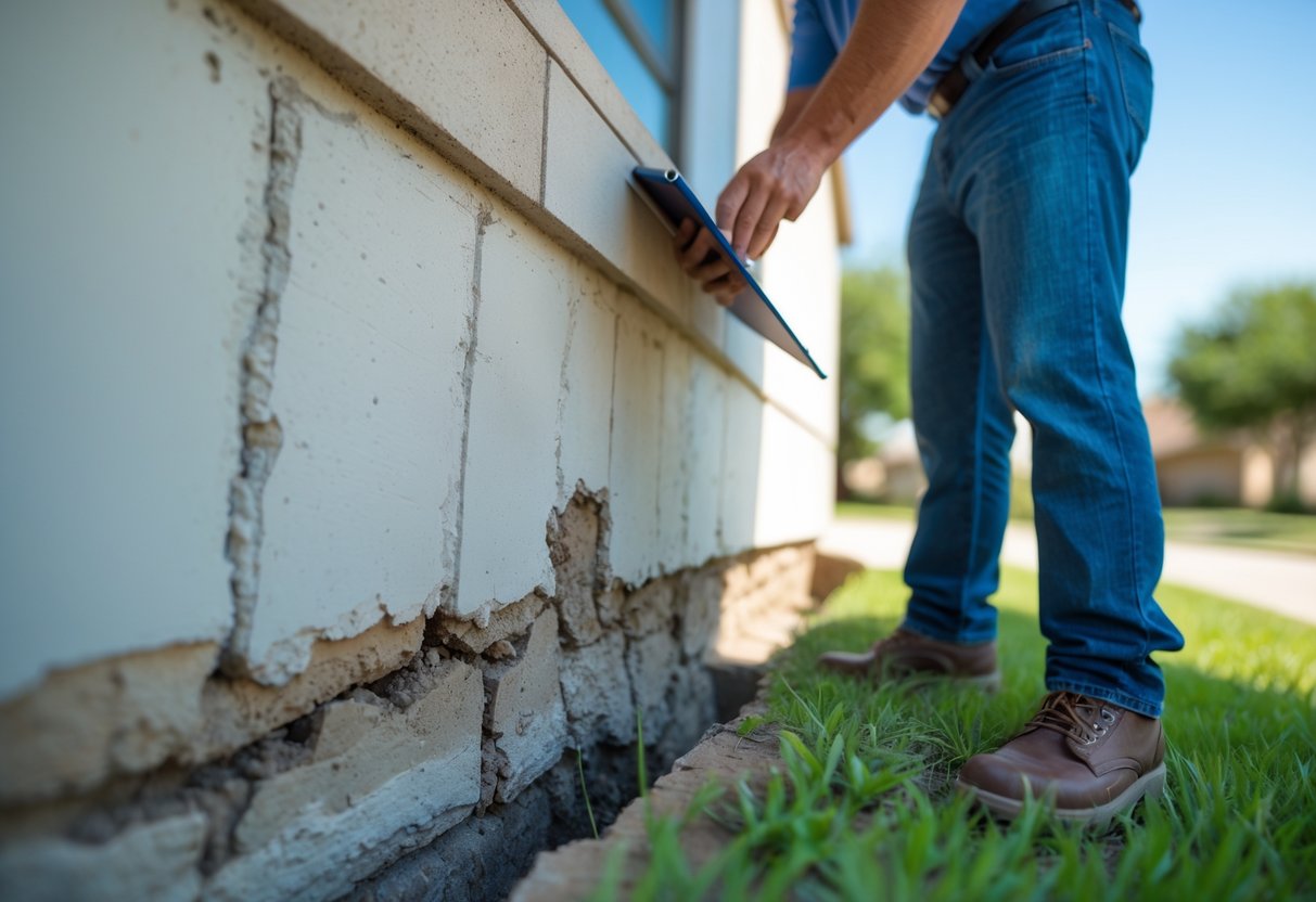 A person inspecting a house foundation with visible cracks and uneven ground in a suburban neighborhood.