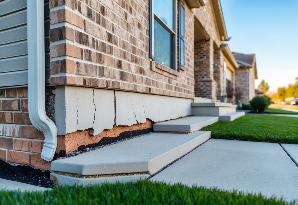 Close-up of a suburban home showing cracked brick walls and uneven steps near the foundation.