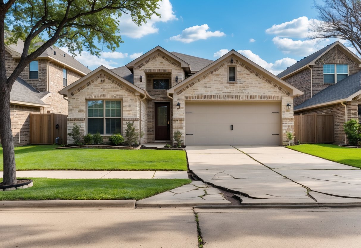A suburban house with visible foundation cracks near the base and an uneven driveway in a residential neighborhood.