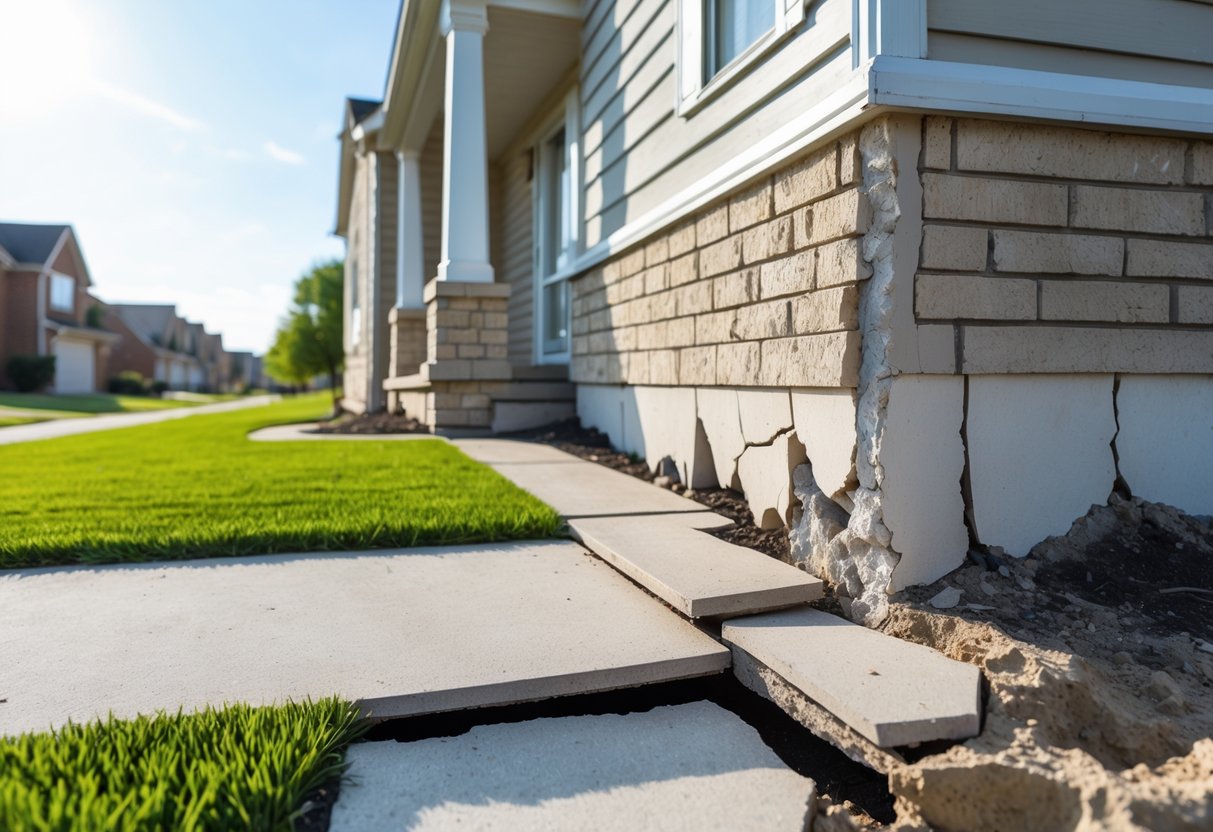 A suburban home in Round Rock showing cracks and damage near the foundation and uneven walkway.